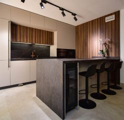 Cocina con península y pared panelada