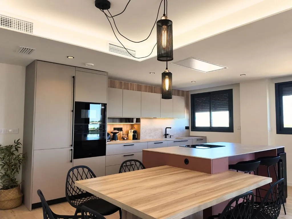 cocina con isla y mesa cuadrada anexa